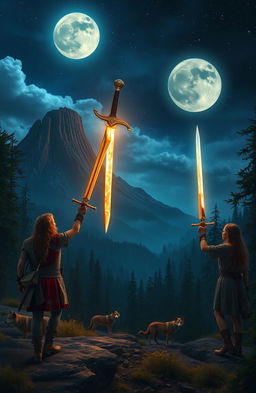 In a mystical medieval world resembling Earth, featuring two luminous moons in the night sky, a breathtaking landscape with a towering volcano and lush forests inhabited by wolves