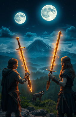 In a mystical medieval world resembling Earth, featuring two luminous moons in the night sky, a breathtaking landscape with a towering volcano and lush forests inhabited by wolves