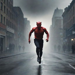 Illustrate the previously dominant devil in a state of fear, speedily running away from the scene. The backdrop includes onlookers and a cityscape, with the dynamic weather still active, emphasising the sudden shift in mood.