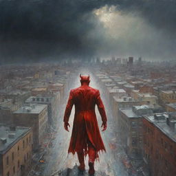 The devil, once a dominant presence on Earth, is now hastily exiting. Paint him in the process of ascending from the cityscape, leaving behind the shocked crowd, with the aftermath of the storm and a feeling of renewed calm.