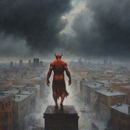 The devil, once a dominant presence on Earth, is now hastily exiting. Paint him in the process of ascending from the cityscape, leaving behind the shocked crowd, with the aftermath of the storm and a feeling of renewed calm.