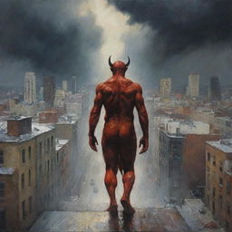 The devil, once a dominant presence on Earth, is now hastily exiting. Paint him in the process of ascending from the cityscape, leaving behind the shocked crowd, with the aftermath of the storm and a feeling of renewed calm.