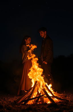 A dramatic scene depicting a girlfriend emotionally leaving her boyfriend beside a burning pyre, the flames casting an orange glow, highlighting their expressions of sadness and loss