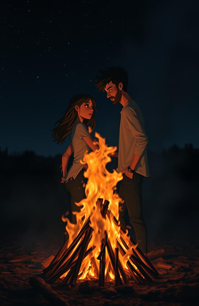 A dramatic scene depicting a girlfriend emotionally leaving her boyfriend beside a burning pyre, the flames casting an orange glow, highlighting their expressions of sadness and loss