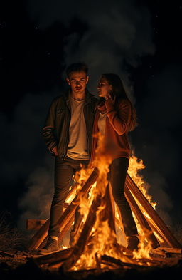 A dramatic scene depicting a girlfriend emotionally leaving her boyfriend beside a burning pyre, the flames casting an orange glow, highlighting their expressions of sadness and loss