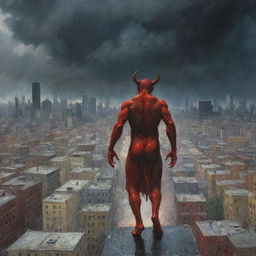 The devil, once a dominant presence on Earth, is now hastily exiting. Paint him in the process of ascending from the cityscape, leaving behind the shocked crowd, with the aftermath of the storm and a feeling of renewed calm.