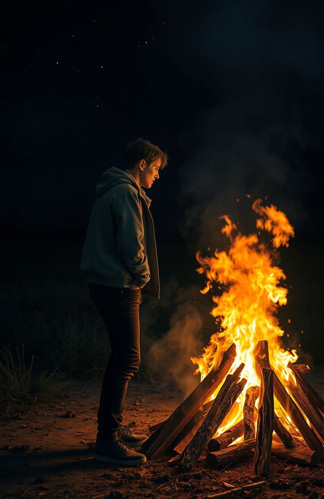 A dramatic scene depicting a girlfriend emotionally leaving her boyfriend beside a burning pyre, the flames casting an orange glow, highlighting their expressions of sadness and loss