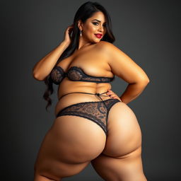 A voluptuous Latina woman, around 35 years old, wearing exquisite lingerie that accentuates her curves