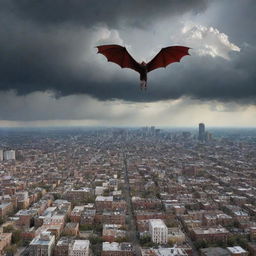 Portray the forlorn figure of the devil soaring into the open sky, leaving Earth behind. The city below looks small and insignificant from this vantage point, and a sense of serene calm resumes as the skies clear post-storm.