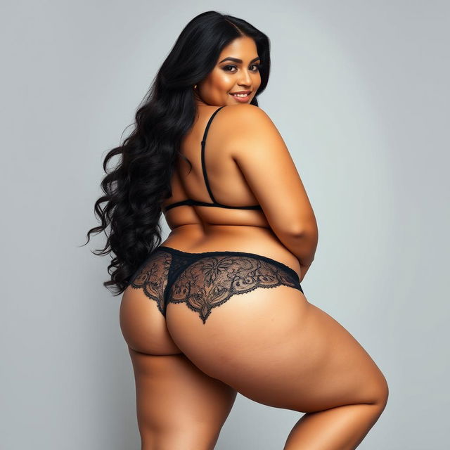 A voluptuous Latina woman, around 35 years old, wearing exquisite lingerie that accentuates her curves