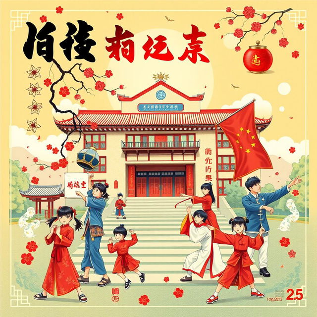 A vibrant poster that beautifully showcases Chinese culture, featuring traditional elements such as Chinese calligraphy, tea, and traditional clothing like qipaos and tang suits