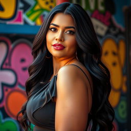 A beautiful curvy Latina woman with a confident and alluring expression