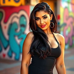 A beautiful curvy Latina woman with a confident and alluring expression