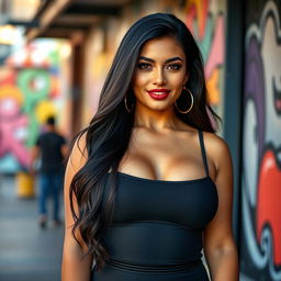 A beautiful curvy Latina woman with a confident and alluring expression