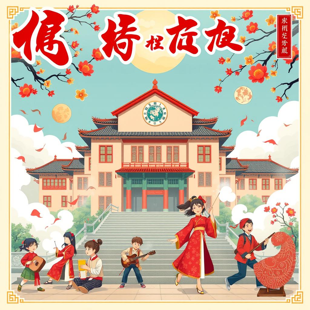 A vibrant poster that beautifully showcases Chinese culture, featuring traditional elements such as Chinese calligraphy, tea, and traditional clothing like qipaos and tang suits