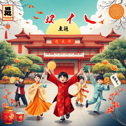 A vibrant poster that beautifully showcases Chinese culture, featuring traditional elements such as Chinese calligraphy, tea, and traditional clothing like qipaos and tang suits