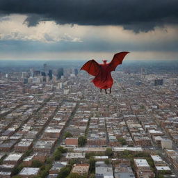 Portray the forlorn figure of the devil soaring into the open sky, leaving Earth behind. The city below looks small and insignificant from this vantage point, and a sense of serene calm resumes as the skies clear post-storm.