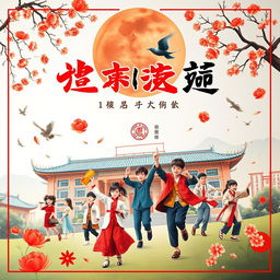 A vibrant poster that beautifully showcases Chinese culture, featuring traditional elements such as Chinese calligraphy, tea, and traditional clothing like qipaos and tang suits