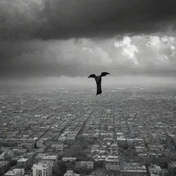 Portray the forlorn figure of the devil soaring into the open sky, leaving Earth behind. The city below looks small and insignificant from this vantage point, and a sense of serene calm resumes as the skies clear post-storm.