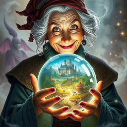 An elderly woman with a mischievous smile, holding a glowing crystal ball in her hands