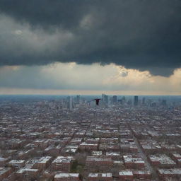 Portray the forlorn figure of the devil soaring into the open sky, leaving Earth behind. The city below looks small and insignificant from this vantage point, and a sense of serene calm resumes as the skies clear post-storm.