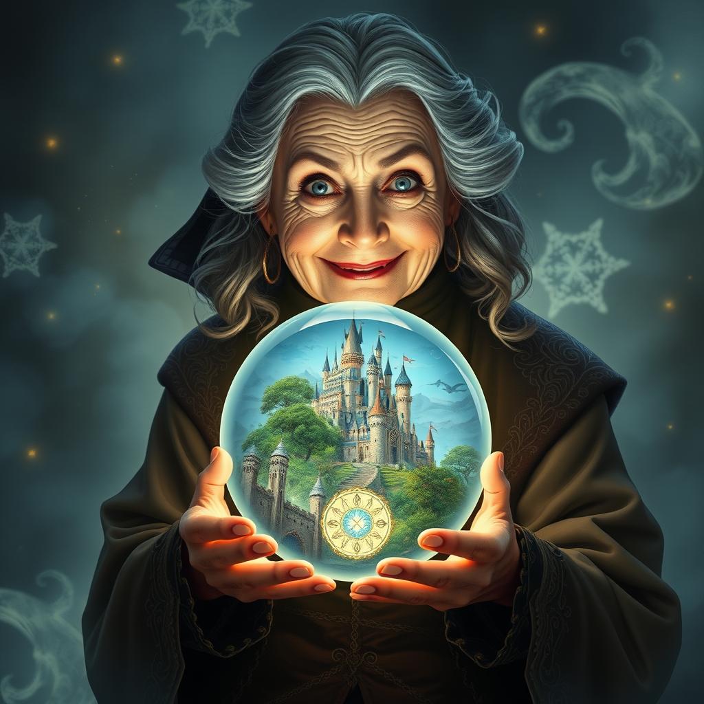 An elderly woman with a mischievous smile, holding a glowing crystal ball in her hands