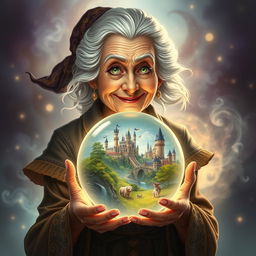 An elderly woman with a mischievous smile, holding a glowing crystal ball in her hands