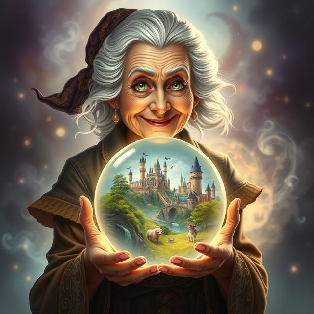 An elderly woman with a mischievous smile, holding a glowing crystal ball in her hands