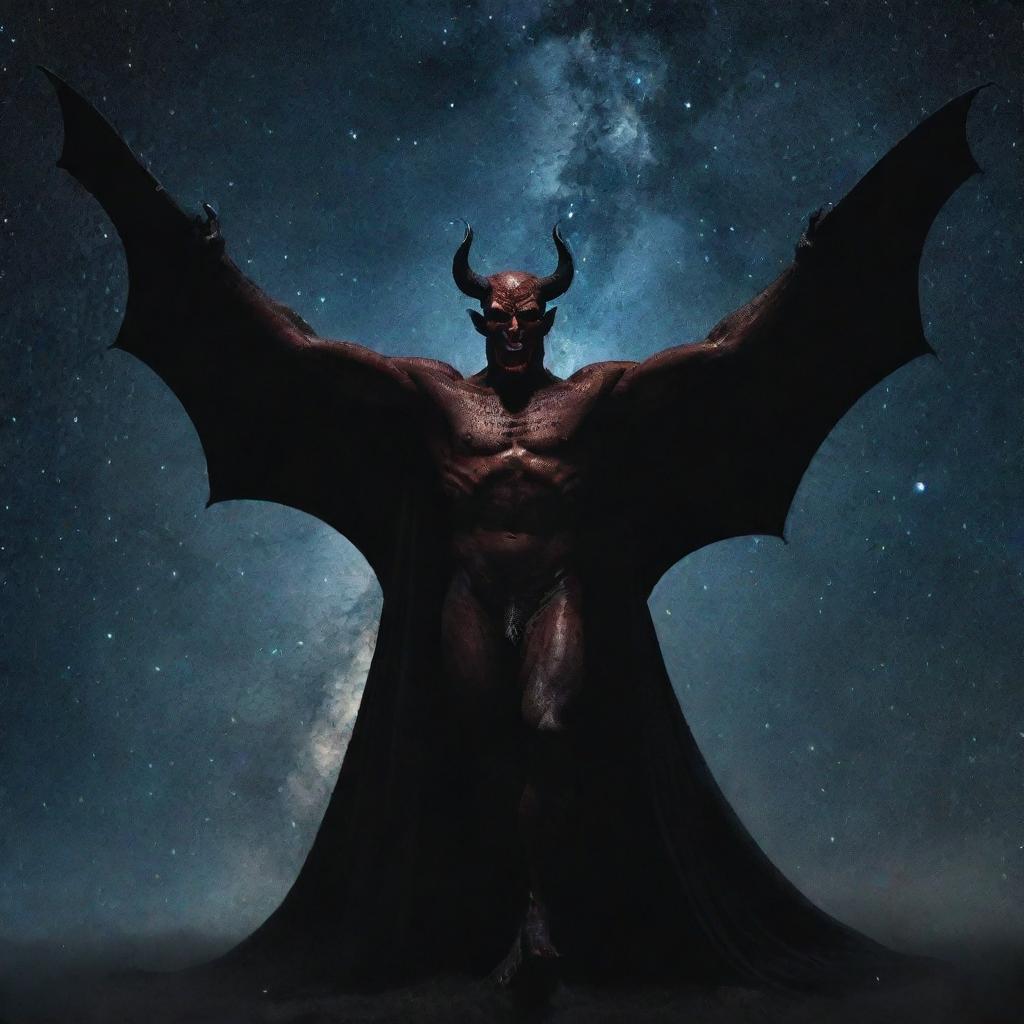 Show the character of the devil leaving the confines of the sky, moving towards outer space. Contrast his dwindling dark form against the resplendent stars and galaxies, emphasizing the resolution of this dramatic saga.