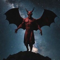 Show the character of the devil leaving the confines of the sky, moving towards outer space. Contrast his dwindling dark form against the resplendent stars and galaxies, emphasizing the resolution of this dramatic saga.