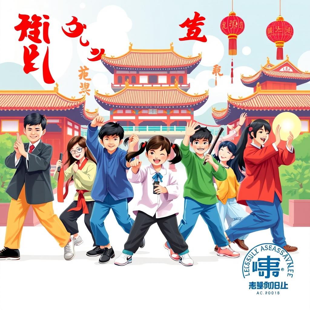 A vibrant and modern poster showcasing the rich and diverse aspects of Chinese culture in a contemporary educational setting