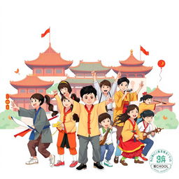 A vibrant and modern poster showcasing the rich and diverse aspects of Chinese culture in a contemporary educational setting