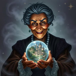 An elderly woman with dark skin and a mischievous smile, holding a glowing crystal ball in her hands