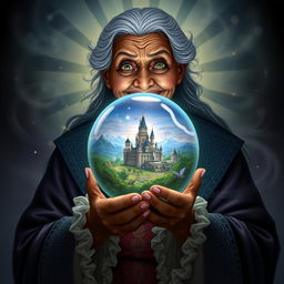 An elderly woman with dark skin and a mischievous smile, holding a glowing crystal ball in her hands