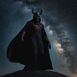 Show the character of the devil leaving the confines of the sky, moving towards outer space. Contrast his dwindling dark form against the resplendent stars and galaxies, emphasizing the resolution of this dramatic saga.