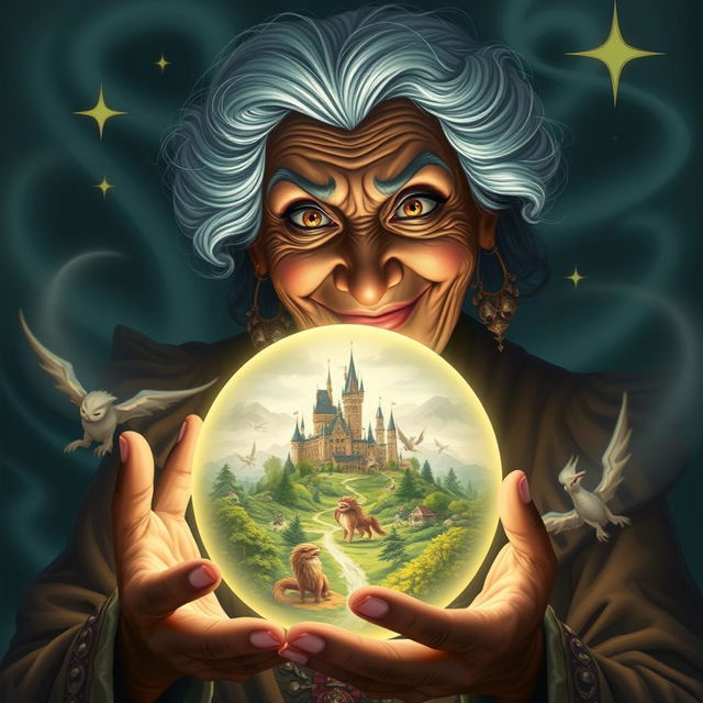 An elderly woman with dark skin and a mischievous smile, holding a glowing crystal ball in her hands