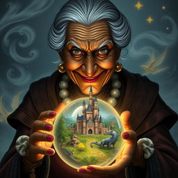 An elderly woman with dark skin and a mischievous smile, holding a glowing crystal ball in her hands