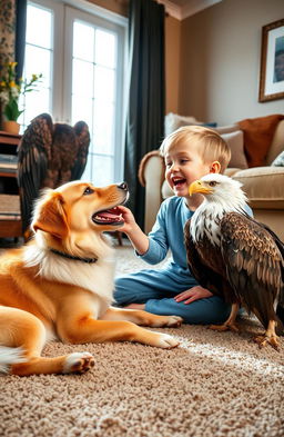 A playful scene featuring a young boy joyfully interacting with a friendly dog and a majestic eagle on a cozy living room carpet