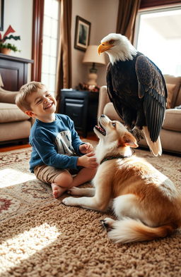 A playful scene featuring a young boy joyfully interacting with a friendly dog and a majestic eagle on a cozy living room carpet