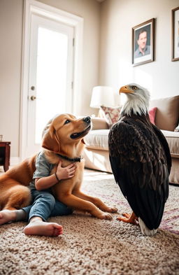 A playful scene featuring a young boy joyfully interacting with a friendly dog and a majestic eagle on a cozy living room carpet