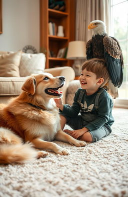 A playful scene featuring a young boy joyfully interacting with a friendly dog and a majestic eagle on a cozy living room carpet