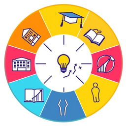A circular logo design featuring the following interlinked symbols in each section: 1