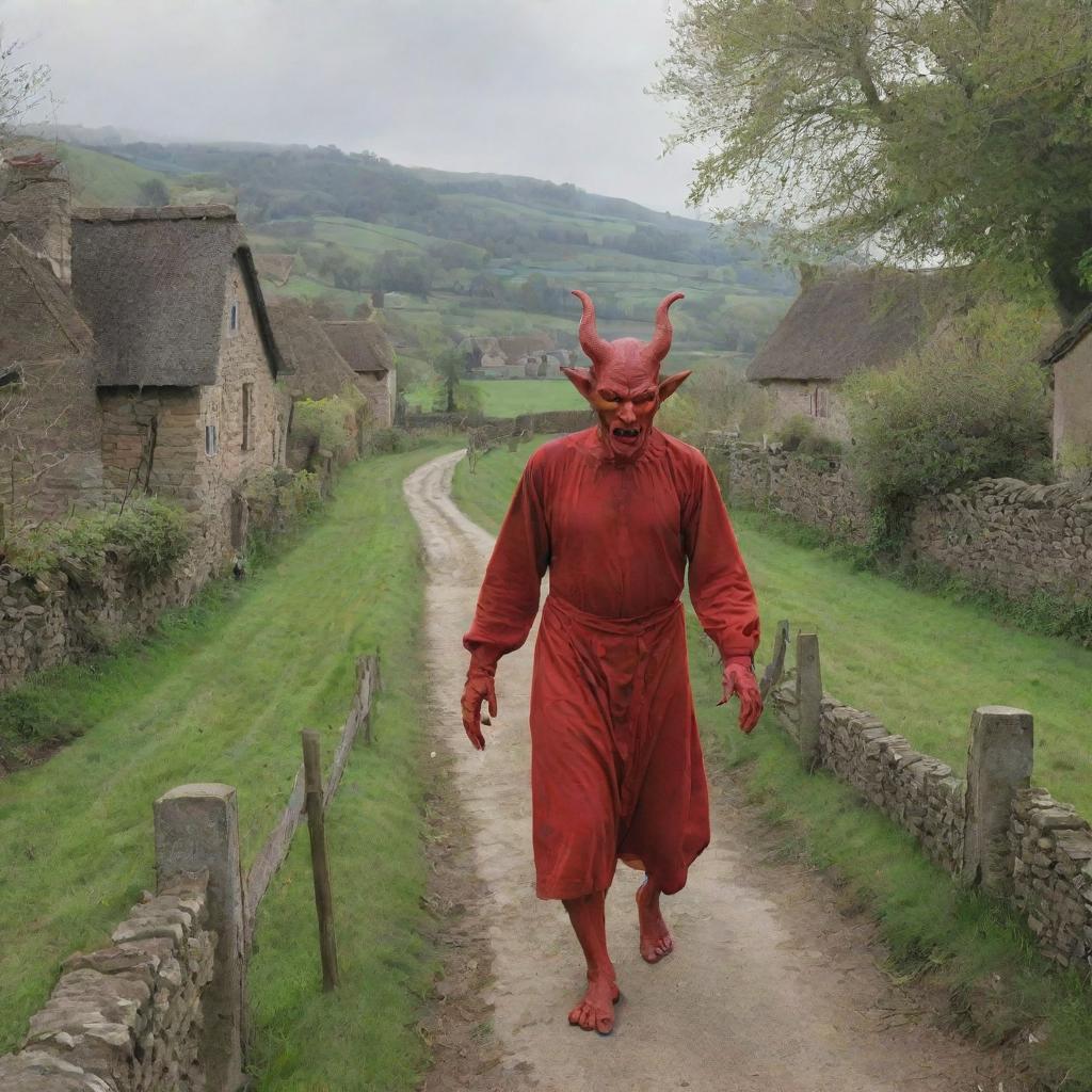 Depict the devil entering a tranquil village, his imposing figure contrasting with quaint houses, green fields and peaceful inhabitants. His arrival stirs curiosity and fear among the villagers, unsettling the previously serene environment.