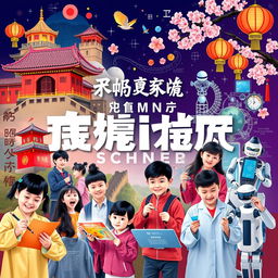 A vibrant poster that showcases the rich heritage of Chinese culture while emphasizing a modern and technologically advanced school environment