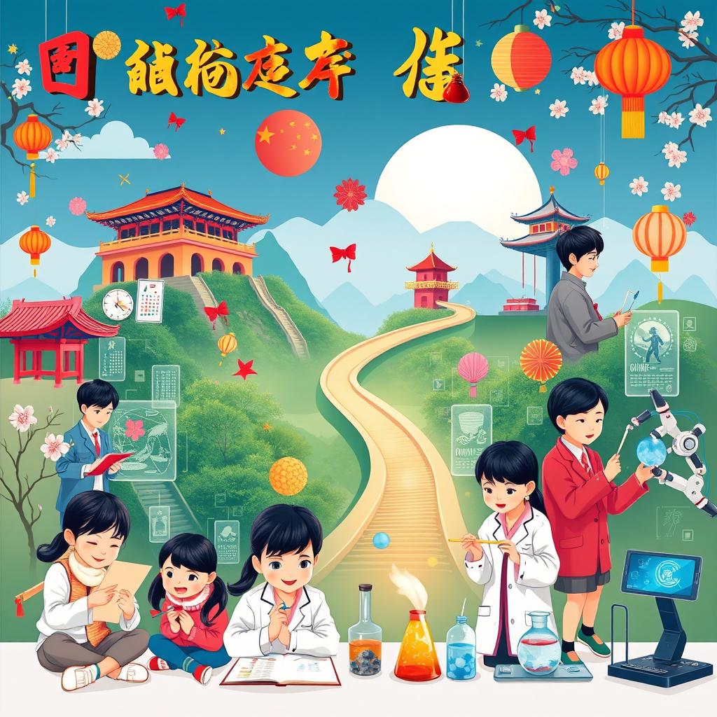 A vibrant poster that showcases the rich heritage of Chinese culture while emphasizing a modern and technologically advanced school environment