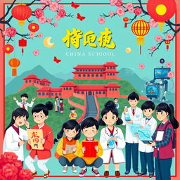 A vibrant poster that showcases the rich heritage of Chinese culture while emphasizing a modern and technologically advanced school environment