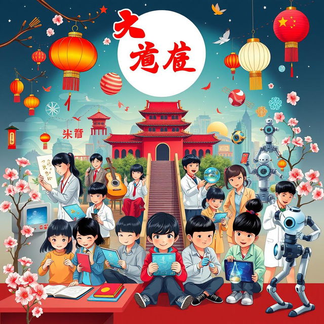 A vibrant poster that showcases the rich heritage of Chinese culture while emphasizing a modern and technologically advanced school environment