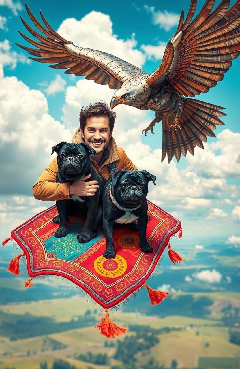 A man with a cheerful expression riding on a colorful flying carpet, accompanied by a playful black pug sitting beside him