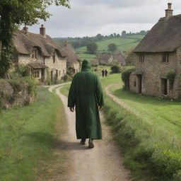 Depict the devil entering a tranquil village, his imposing figure contrasting with quaint houses, green fields and peaceful inhabitants. His arrival stirs curiosity and fear among the villagers, unsettling the previously serene environment.