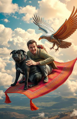A man with a cheerful expression riding on a colorful flying carpet, accompanied by a playful black pug sitting beside him